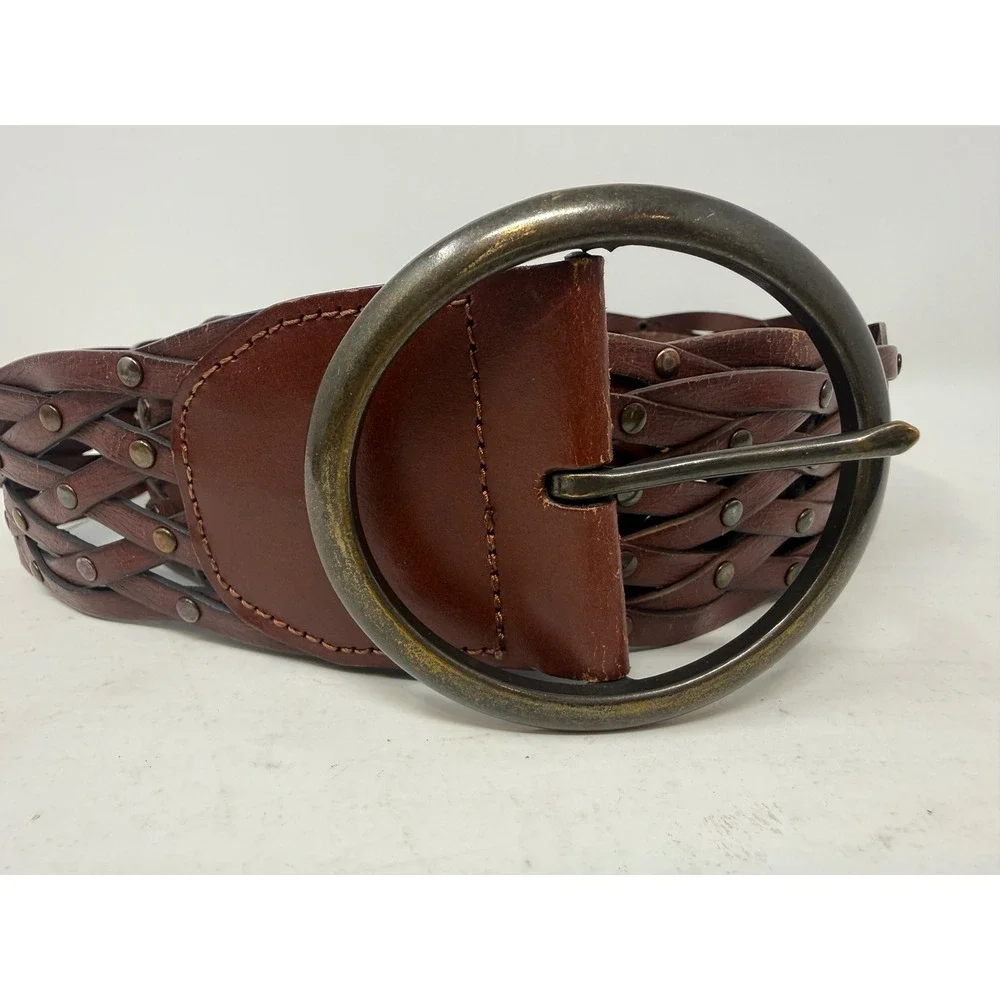 Brown Braided Bonded Leather Studded Wide Waist Belt L/XL 47 Inch
